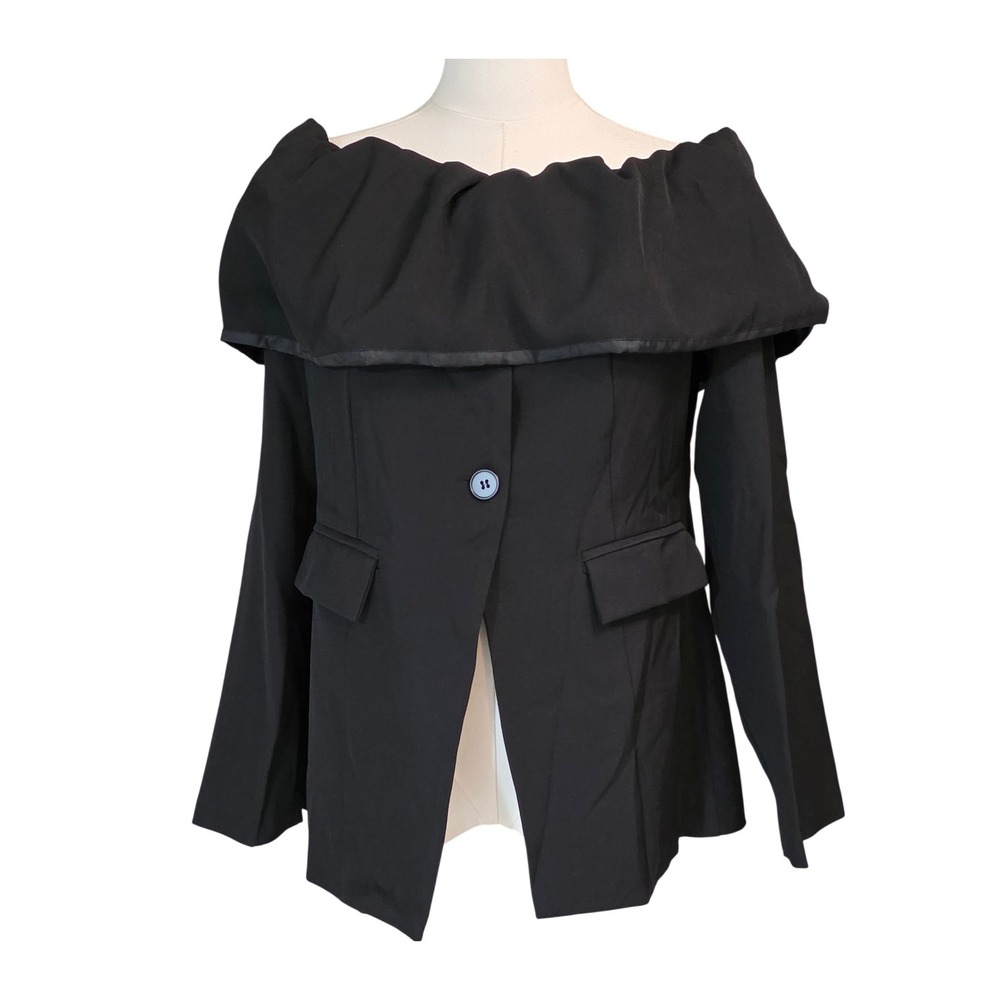 OSHOPLIVE Black Off The Shoulder Ruffle Front Blazer‎ Jacket Womens Size M